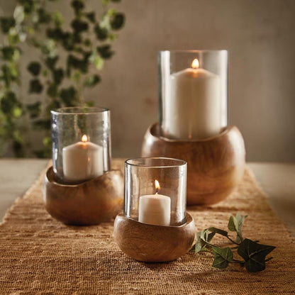 47th & Main Mango Wood and Glass Hurricane Candleholder, Small 4" Tall x 3.5" Diameter