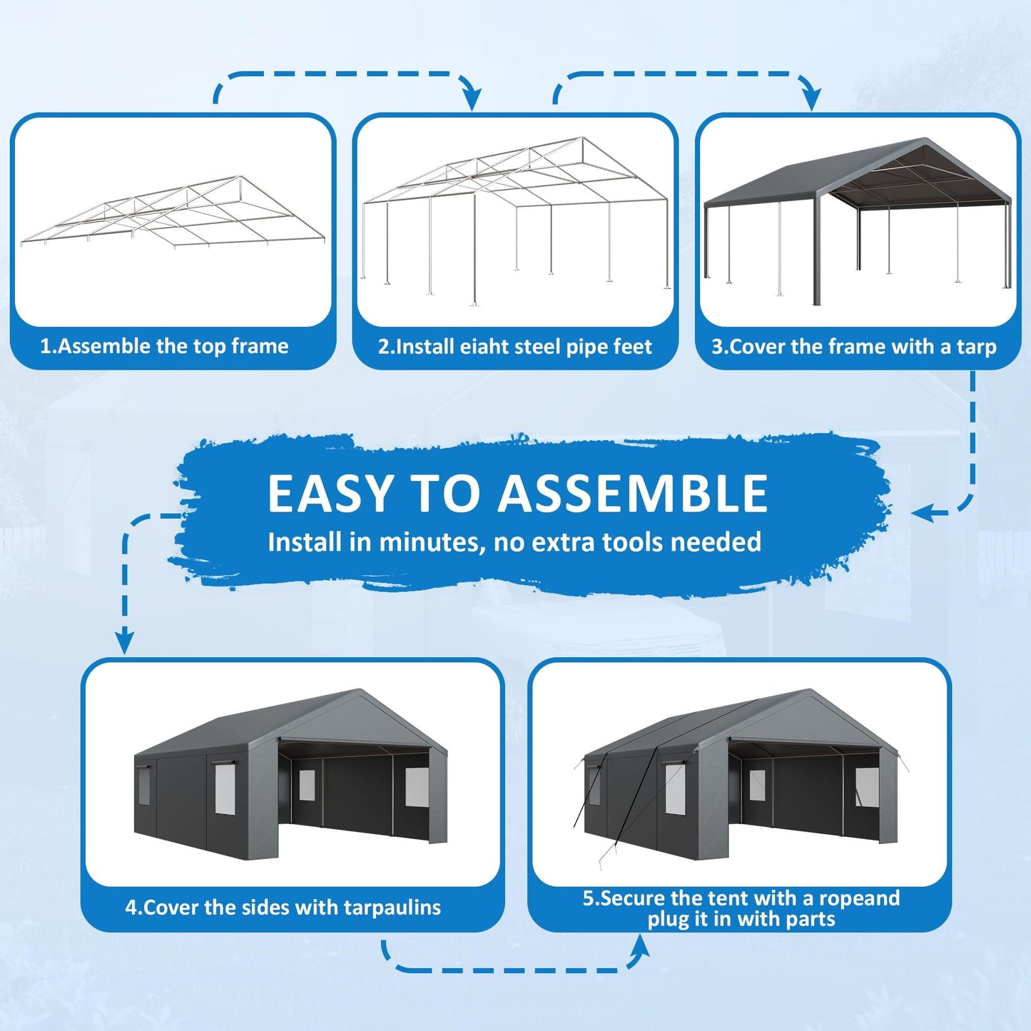 Polar Aurora 20x20 FT Heavy Duty Carport with All-Season Tarp, Portable Car Tent Garage with Roll-Up Windows & Side-Opening Door, Enclosed Car Port Canopy Tent with Galvanized Frame for Car, SUV, Boat