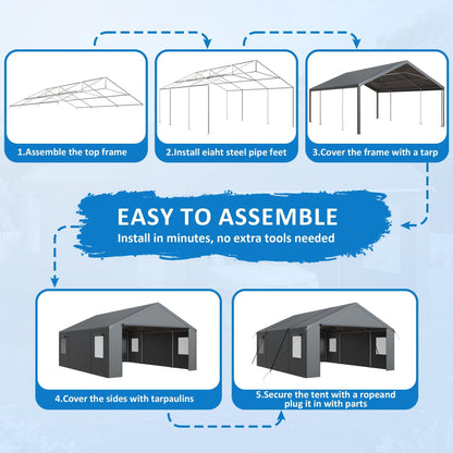 Polar Aurora 20x20 FT Heavy Duty Carport with All-Season Tarp, Portable Car Tent Garage with Roll-Up Windows & Side-Opening Door, Enclosed Car Port Canopy Tent with Galvanized Frame for Car, SUV, Boat
