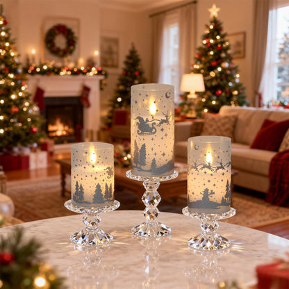 DRomance Reindeer Glass Flameless Candles Battery Operated with Remote and Timer Real Wax Silver Glitter 3D Wick LED Flickering Candles Warm Light Indoor Christmas Holiday Decor 3" D x 4", 5", 6" H