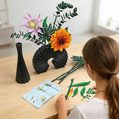 Flowers Building Sets with Leak-Proof Plastic Vases for Building Flowers Compatible with LEGO Botanicals Sunflower Collection Building Toys Home Office Desk Decor Gifts for Women Adults Girlfriend