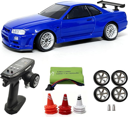 YUCT LD1899 Drift RC Car 2.4GHz RWD Drifting with Gyro 1/18 Full Proportional Control Alloy Shell(Blue with Metal Drift Tires)