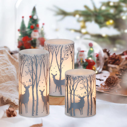 DRomance Silver Deer Flameless Flickering Candles Battery Operated with 6H Timer, 3 Pack Real Wax Warm Light LED Pillar Candles Dinner Tabletop Holiday Centerpiece Decor 3" x 6"