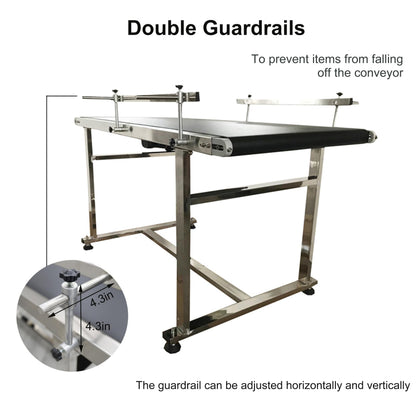 BREVELTION PVC Flat Belt Conveyor Stainless Steel Industrial Transport Conveyor Adjustable Speed Conveyor with Double Guardrails Conveyor Length 59inch Width 23.6inch Load 44LBS 250W