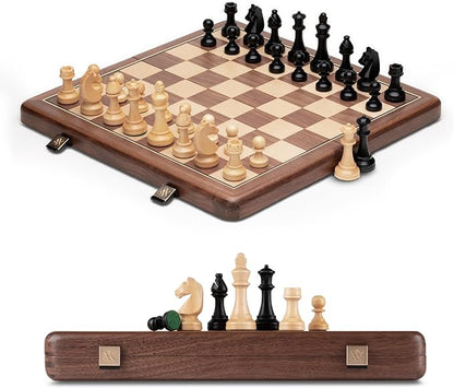 A&ampA Premium Folding Chess Board Game Set 15 Wooden Chess Board &amp 3 King Height Staunton Chess Pieces with 2 Extra Queens Portable Travel Chess Set (Natural Walnut 15 Inches)