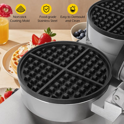 Dyna-Living Commercial Waffle Maker Double Head Waffle Maker, 2400W Non-Stick Commercial Waffle Iron Stainless Steel Waffle Machine for Restaurants, Large Waffle Machine Commercial