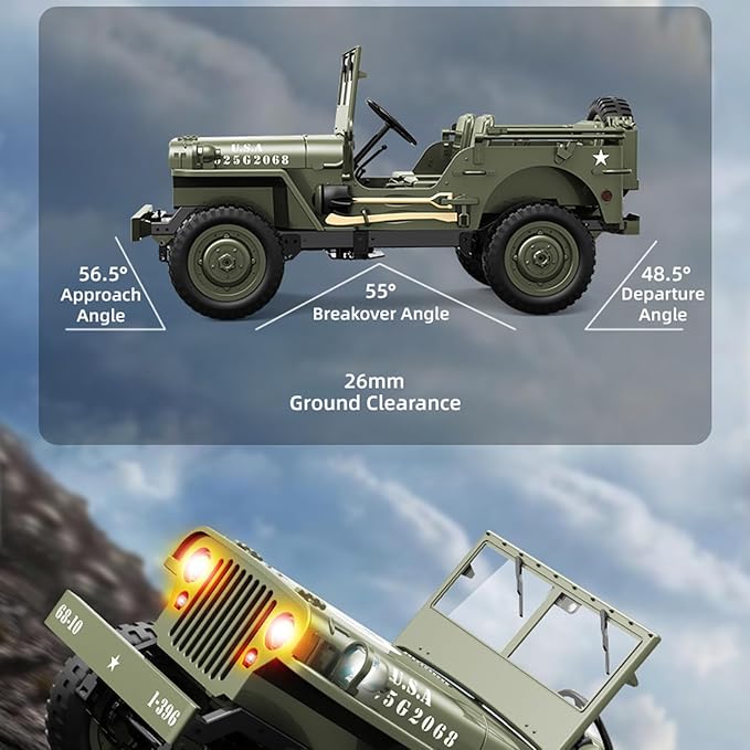 RC Crawlers 1:10 Scale D888 Willys Military Jeep 2.4Ghz 4WD Off Road Rock Crawler Vehicle with Lights All Terrain Electric RC Jeep Toy for Adult Teens