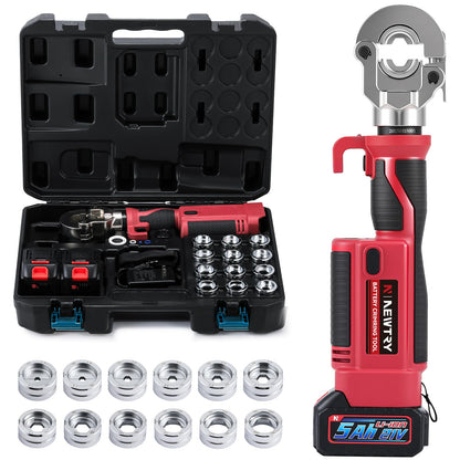 NEWTRY N300 Electric Hydraulic Cable Lug Crimping Machine 6 ton Rechargeable Cordless Terminal Cable Pliers 350° Rotatable 10-300mm² /8AWG-600MCM 12 Dies 2PCS 5000mAH
