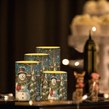 NETILGEN 4 Pcs Flameless Electric LED Pillar Candles Lamps with Remote Timer Control Long Lasting for Christmas Snowy Field Cute Snowman Print