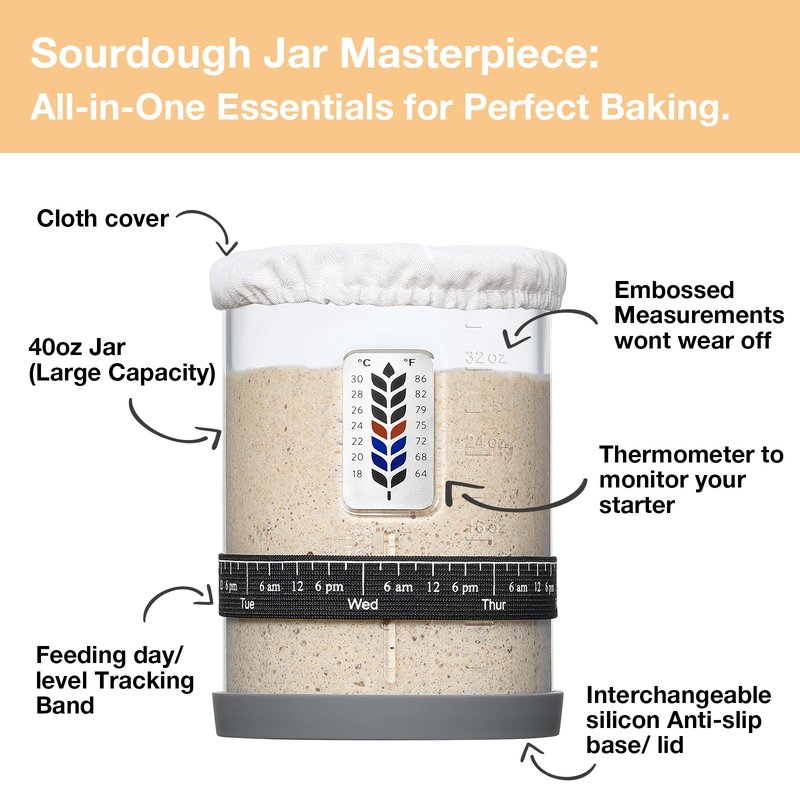 Premium Pro Sourdough Starter Jar Kit - 40oz Large Wide Mouth Sourdough Bread Jar with Marked Feeding Band, Thermometer, Scraper, Cloth Cover and Silicone Lid/Base, Glass Container, Baking Supplies