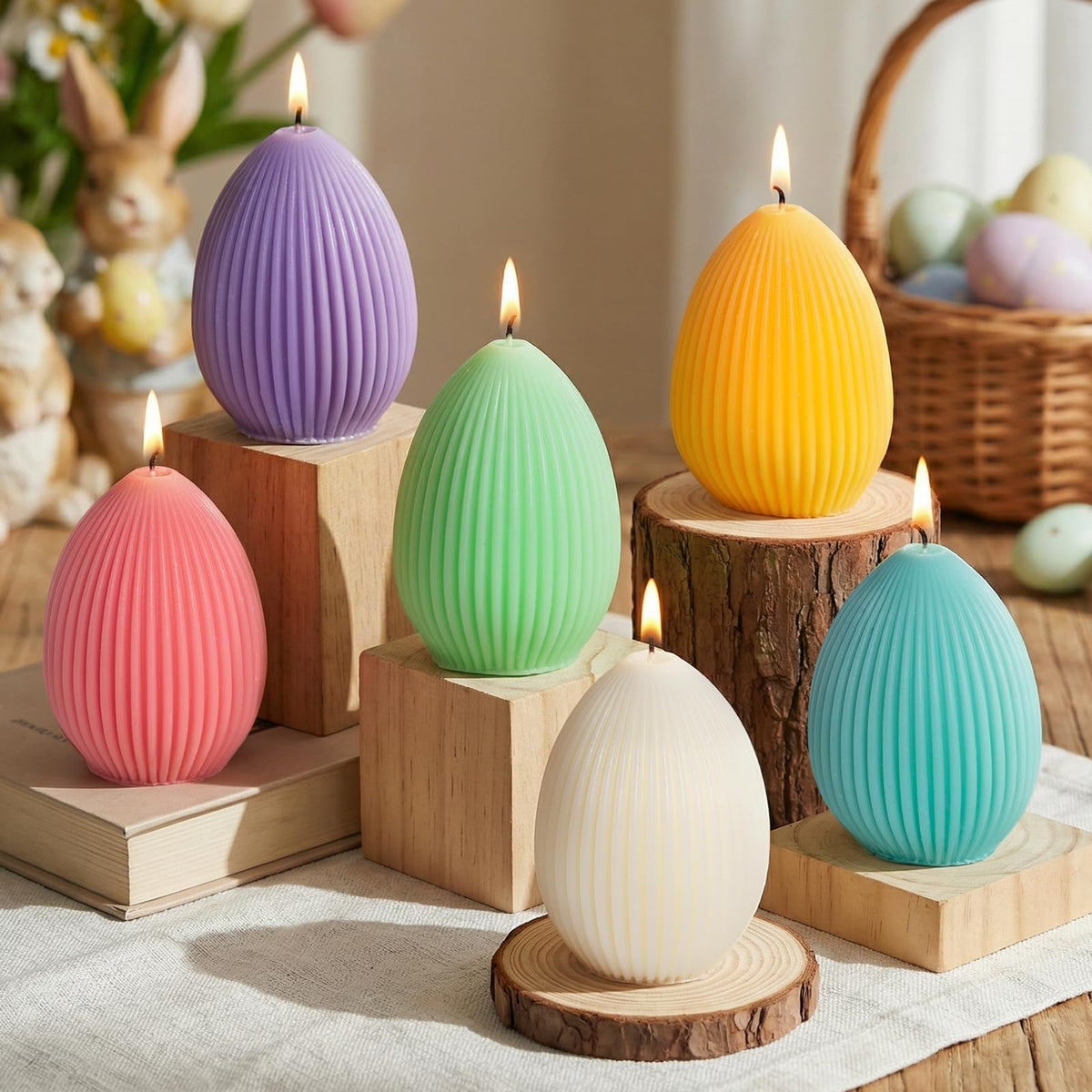 Lanpn 6 Pcs Easter Egg Candles Gift Set, Mini Egg Shaped Votive Tea Lights, Easter Flower Fruit Scented Candles, Each 2.8 oz, Spring Party Holiday Decor Home Table Centerpiece, Macaron Color