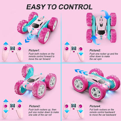 RC Cars Pink Remote Control Car for Girls 2.4 GHZ Double Sided RC Stunt Car 360° Rotating Remote Control Crawler with Headlights Car Toys for 6 7 8 9 10 11 12 Girls Birthday Gift Grandkids