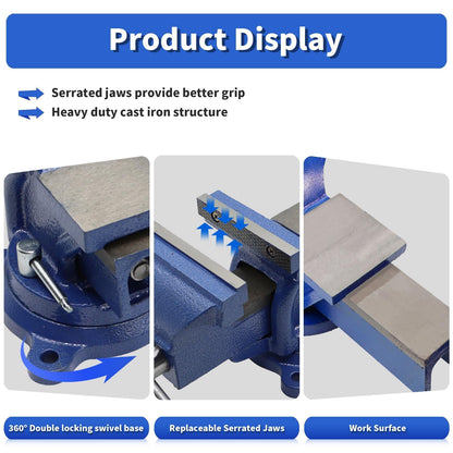 Nakkaa 6" Heavy Duty Bench Vise Cast Iron Vise with 360° Flexible Swivel Locking Base Home Work 6 Inch Swivel Bench Vice with Anvil