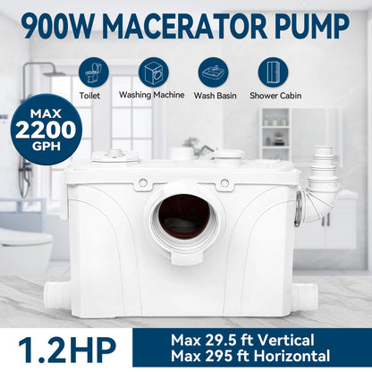 900W Macerator Pump Toilet Pump Upflush to 29.5FT 2200GPH Utility Sink Pump with 4 Water Inlets 1 Outlets Macerating Toilet System for Toilet Sink Shower Laundry Kitchen Basement