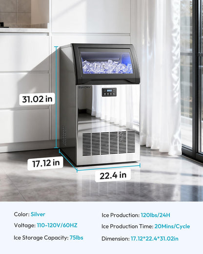 EUHOMY Commercial Gourmet Ice Maker Machine,120lbs/24H, Under Counter Ice Maker with 25lbs Storage, Non-Clumping Design,24pcs Hat Cubes Per Cycle, Freestanding Ice Maker for Home/Bar/Cafe/Restaurant