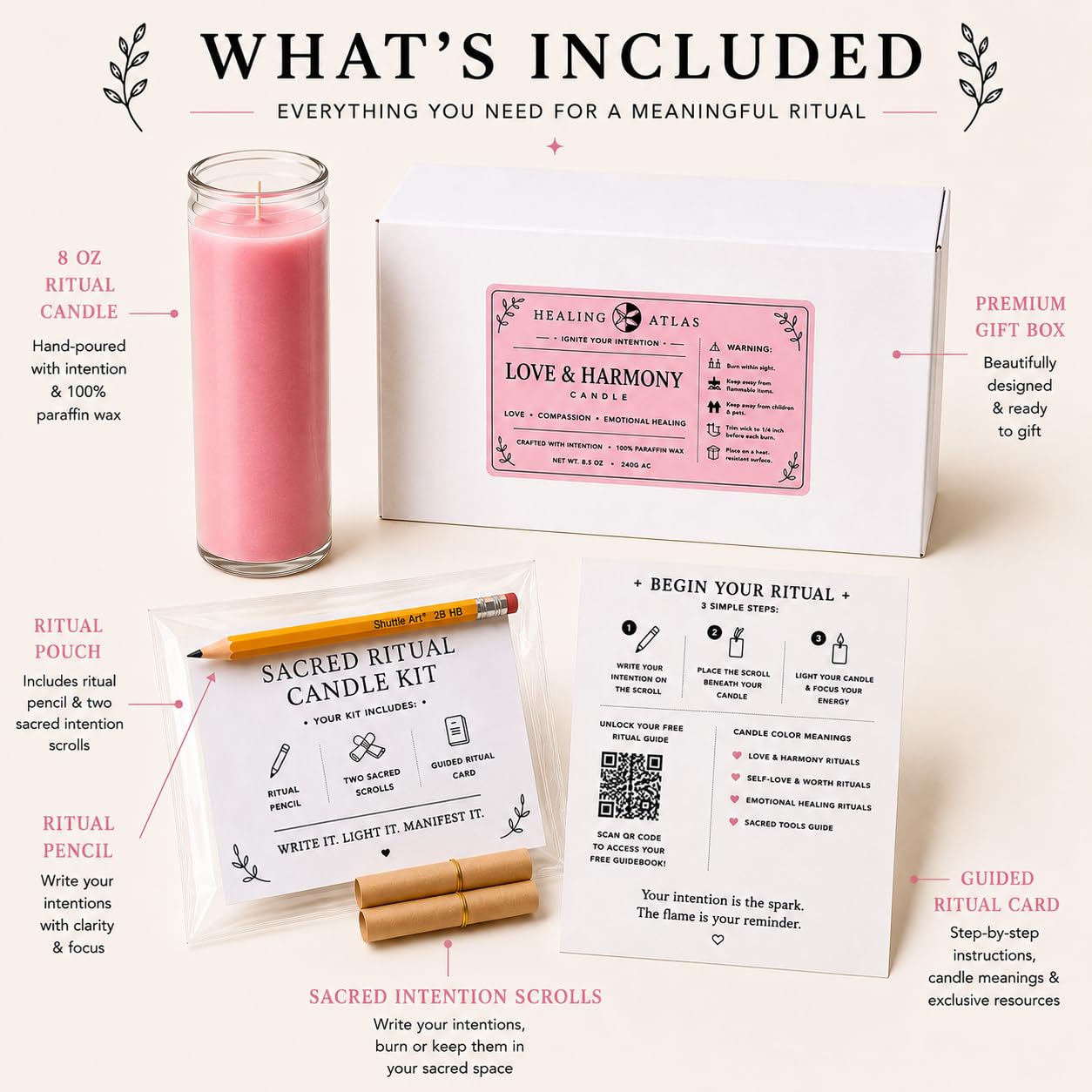 Pink Love Manifestation Candle Kit – 8" Ritual Prayer Candle with Intention Scrolls, Pencil & QR Guide, Self-Love, Harmony & Relationships