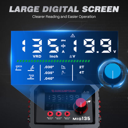 ARCCAPTAIN 135A MIG Welder [Large LED Display] 110V Welder Flux Core MIG, Lift TIG, Stick, 3 in 1 Welding Machine Gasless MIG Welder Machine 110V, IGBT Inverter Welder with Synergy, 2T/4T