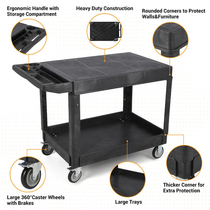 Large Heavy Duty Plastic Utility Service Cart Flat top 45.8 x 25 Inch, Work Cart Flat Shelves Holds up to 550 lbs - 2 Tier Service Cart with 360°Swivel Wheels (2 with Brakes) Black