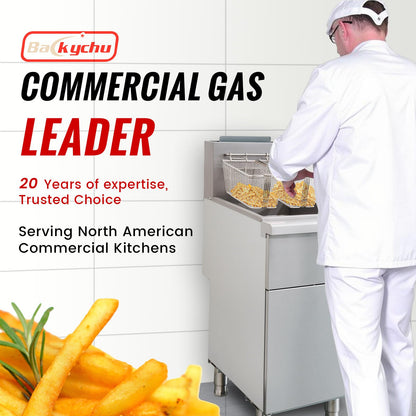 Backychu Commercial Deep Fryer -3-Burner Liquid Propane Fryer CSA, 35-40 lbs Capacity, 90,000 BTU/h Adjustable Thermostat 200°F-400°F, Stainless Steel Gas Liquid Propane Deep Fryer for Restaurants