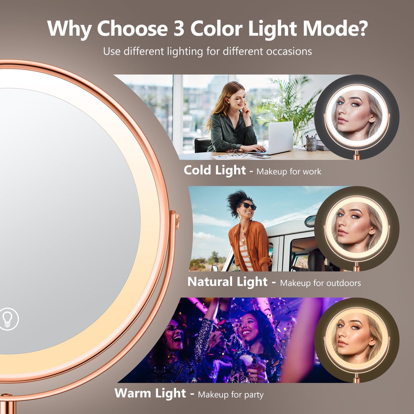 Lighted Makeup Mirror, Rechargeable Height Adjustable Double Sided, 1x/10x Magnifying with 3 Color, Brightness Adjustable, 360° Rotation Vanity, Gift for Women