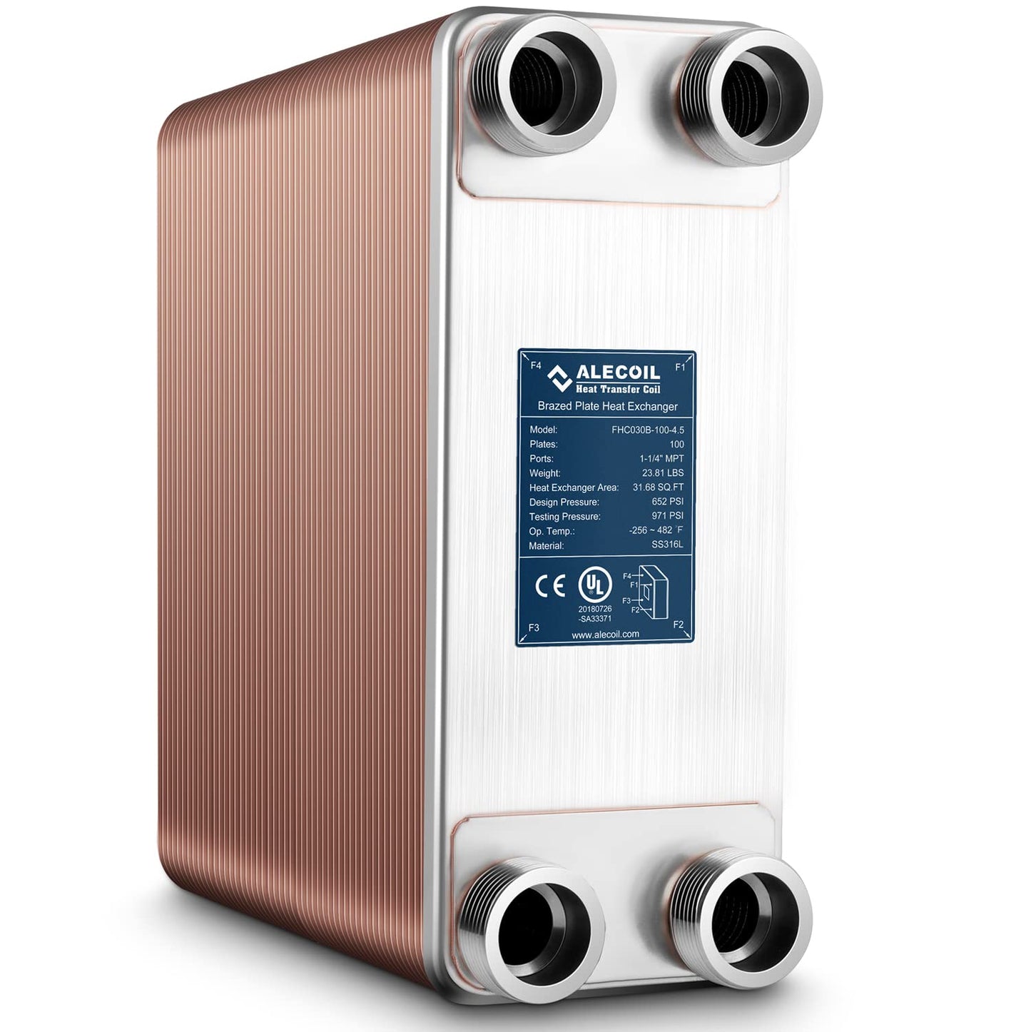 ALECOIL 5"x12"-100 Plates Heat Exchanger with 1-1/4" MPT Port Water to Water 316L Stainless Steel Brazed Plate Heat Exchanger for Water Heating, Floor Heating, Commercial Refrigeration(5"X12"-100P)