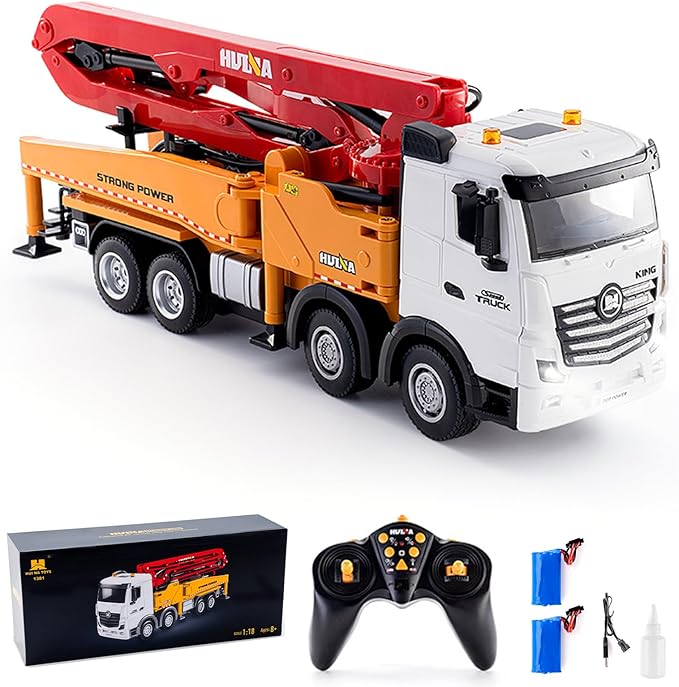 Concrete Pump Truck Toy 1:18 Scales Cement Truck Toy 11 Channel 2.4G Diecast Construction Trucks with Working Water Pump One-Touch Function120CM Pump ARM 630° Rotation for Teens 14+