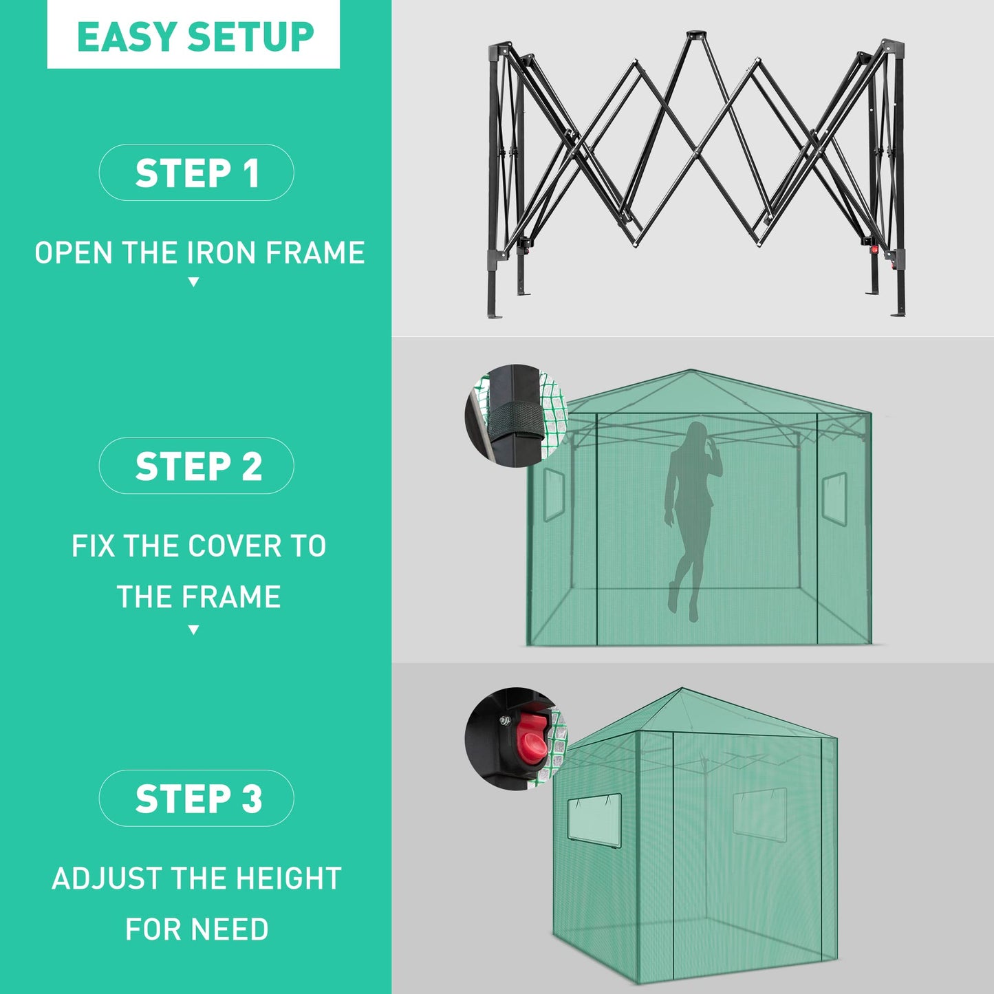 PexFix 6'x 5' Portable Walk-in Greenhouse, Easy Setup, Indoor/Outdoor, 2 Roll-Up Mesh Windows, Roll-Up Zipper Door, Green