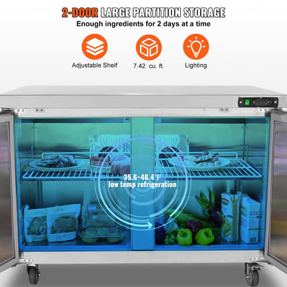 VEVOR Commercial Refrigerator, 48" Worktop Undercounter Refrigerator, 12.85 Cu. Ft Thick Stainless Steel Refrigerated Food Prep Station, 2 Door Worktop Fridge with lock for Restaurant, Bar, Diner