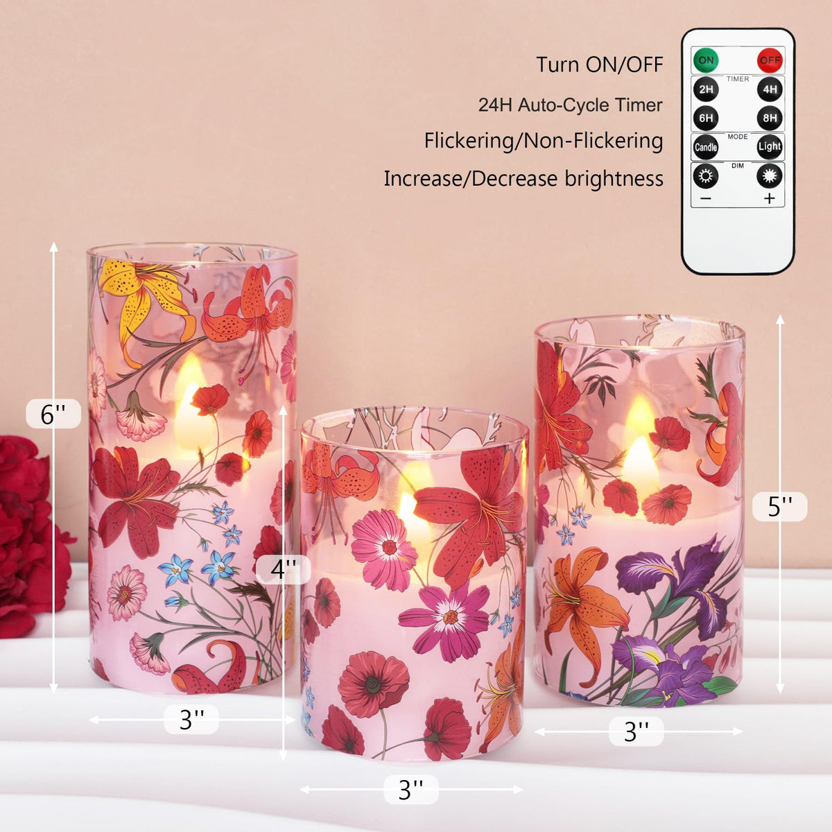 Impress Life Floral Flameless Candles with Remote, 3PCS Battery Operated LED Pillar Candles, Flickering Real Wax Glass Candles for Spring Decor Home Wedding Table Centerpiece Gift