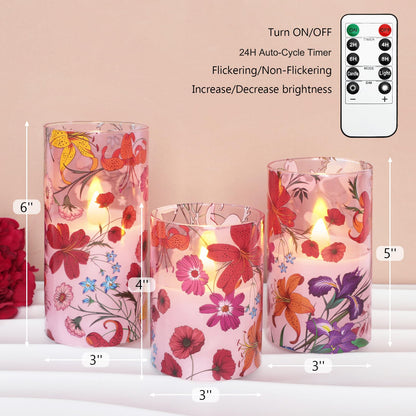 Impress Life Floral Flameless Candles with Remote, 3PCS Battery Operated LED Pillar Candles, Flickering Real Wax Glass Candles for Spring Decor Home Wedding Table Centerpiece Gift