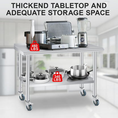 60 x 24 Inch Stainless Steel Prep Table, Heavy Duty Commercial Work Table with 4 Caster Wheels, Adjustable Undershelf & Rounded Corners, Metal Kitchen Workbench for Restaurant, Garage and Outdoor