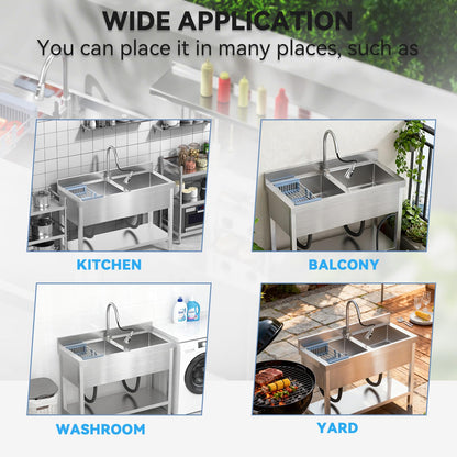 Double Bowl Kitchen Sinks Set w/Hot and Cold Faucet,Stainless Steel Utility Sink for Kitchen and Bathroom Farmhouse Style
