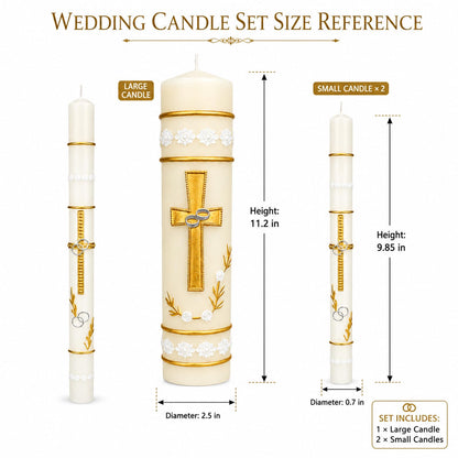 Unity Candles for Wedding Ceremony Set,Wedding Candles 1 Pillar 11.5 Inch and 2 Taper 10 Inch Set 3,Catholic Religious Ceremony Accessories,Velas para Boda (Cross & Rings)