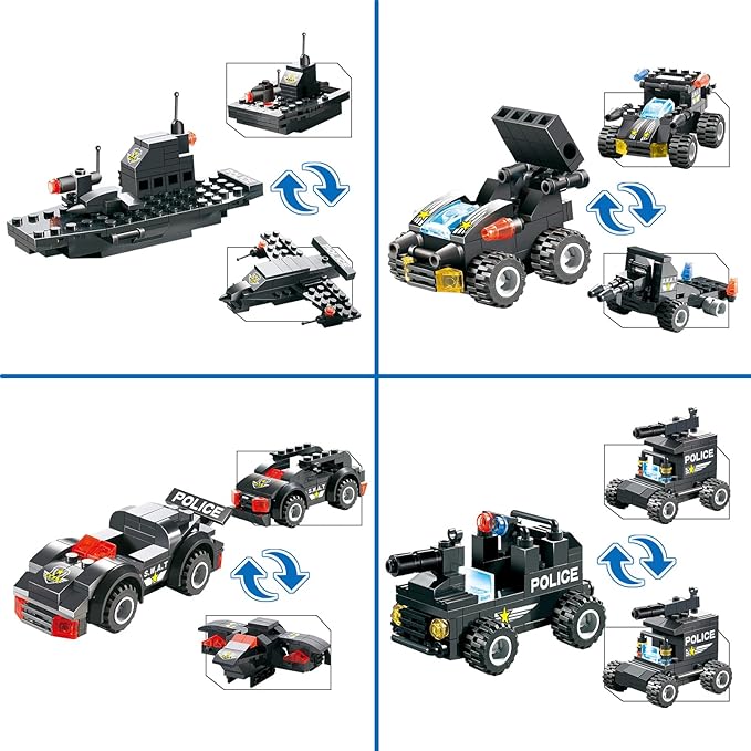 8 in 1 City Police Station Building Kit SWAT Mobile Command Center Truck Building Toy with Police Car Helicopter Patrol Boat Best Learning and Roleplay Swat Toy Gift for Boys and Girls-647 Pieces