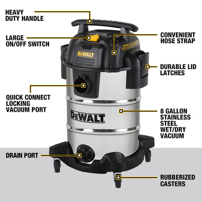 DEWALT DXV08S 8 Gallon Wet/Dry Vacuum, 4 Peak HP Shop Vacuum, Stainless Steel Tank, Silver