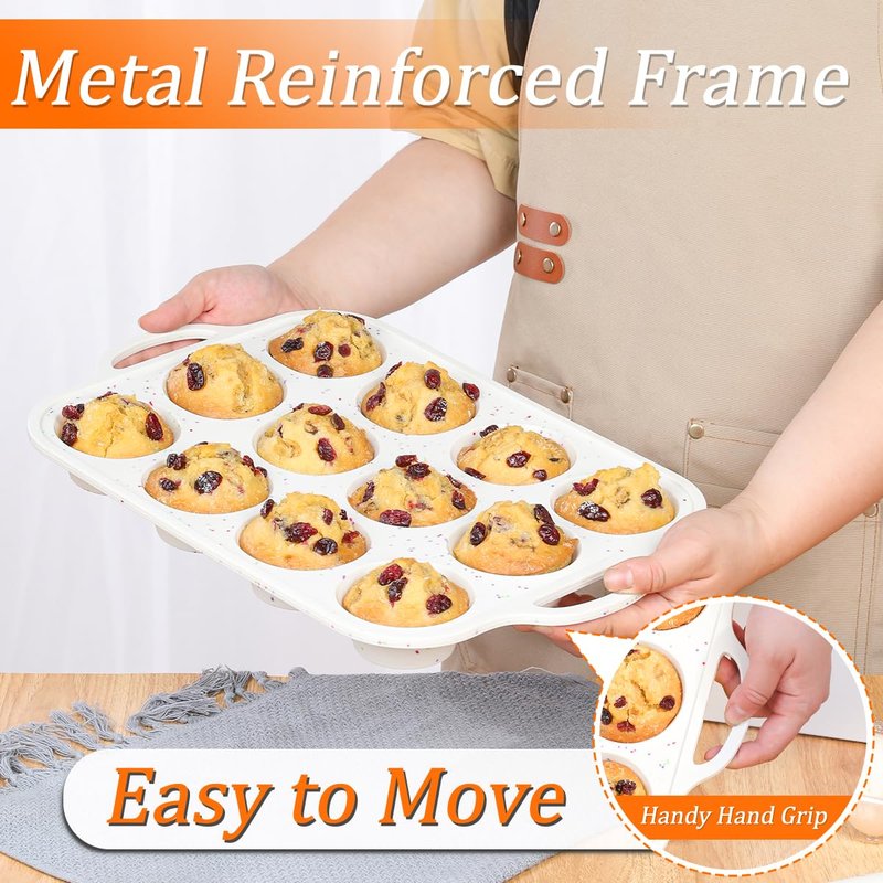 CAKETIME Silicone Muffin Pans for Baking, Metal Reinforced Frame Regular 12 Cups & Mini 24 Cups Cupcake Pan Set Nonstick Muffin Pan for Homemade Baking Easy to Handle