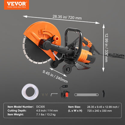 VEVOR Electric Concrete Saw, 12 in, 1800 W Motor Circular Saw Cutter with Max. 4.5 in Adjustable Cutting Depth, Wet Disk Saw Cutter Includes Water Line, Pump and Blade, for Stone, Brick