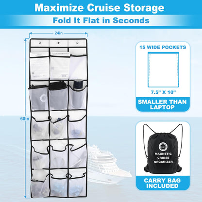 Cruise Magnetic Door Organizer with Hooks – 15 Large Pockets, Strong Anti-Scratch Magnets, Over-the-Door Cruise Essentials Storage for Cruise Cabins