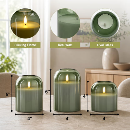 Mid Century Modern & Boho Home Decor, 3-Pack Olive Green Glass Battery Operated Candles, Flameless LED Pillar Candles with Remote & Timer, Realistic Flickering 3D Wick for Mantel, Shelf, Entryway