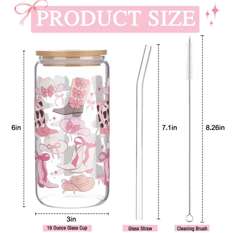Yetene Coquette Bow Aesthetic Cup 16oz Cowgirl Glass Cup with Lid and Straw Pink Bow Tumbler Cowgirl Gifts for Women Girls Friend Sister Girlfriend