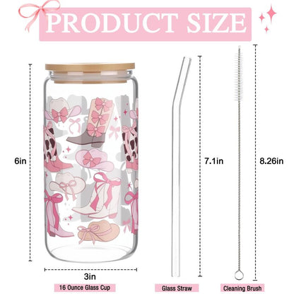Yetene Coquette Bow Aesthetic Cup 16oz Cowgirl Glass Cup with Lid and Straw Pink Bow Tumbler Cowgirl Gifts for Women Girls Friend Sister Girlfriend