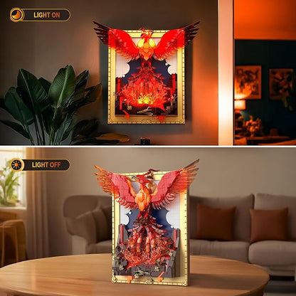 Phoenix Nirvana Building Block Sets 1565 Pcs Magic Fire Phoenix Building Toys with LED Lights 15*6.3*13.78in 3D Framed Wall Art Firebird DIY Model Kit for Gifts Decorations Collectibles