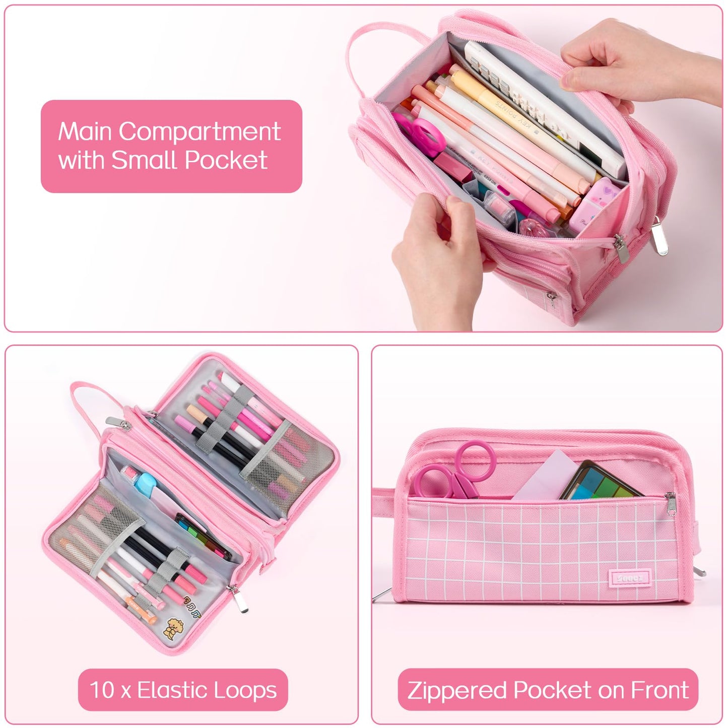 Sooez Large Pencil Case, Big Capacity Pencil Pouch Pen Bag with 3 Compartment, Portable Canvas Stationery Organizer with Zipper, Cute Aesthetic School Supplies for Teen Girls College, Pure Pink