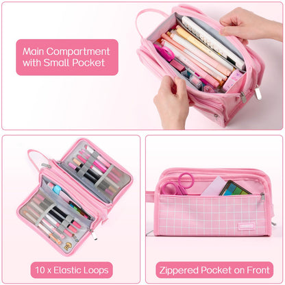 Sooez Large Pencil Case, Big Capacity Pencil Pouch Pen Bag with 3 Compartment, Portable Canvas Stationery Organizer with Zipper, Cute Aesthetic School Supplies for Teen Girls, Celadon