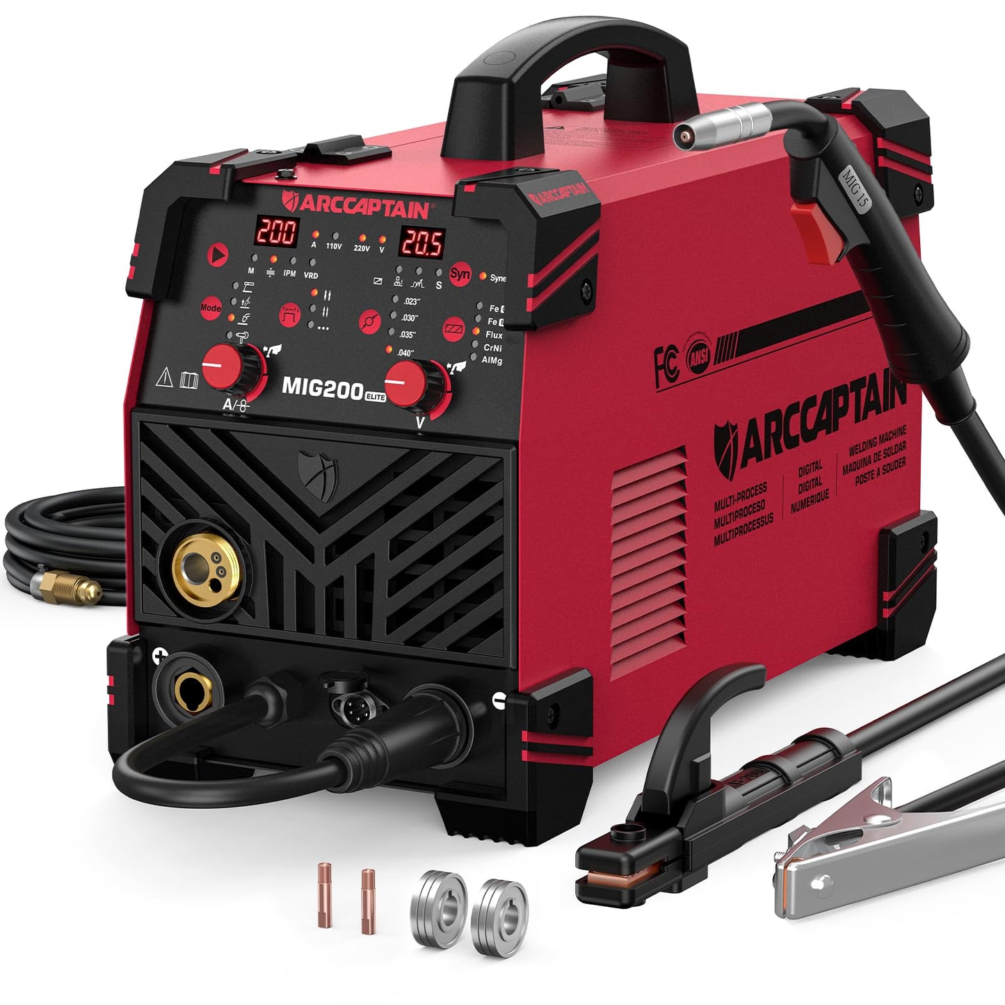ARCCAPTAIN MIG Welder 200A, Upgraded 6 IN 1 Welding Machine 110V/220V Flux Core MIG/Gas MIG/Lift TIG/Stick Welding/Spool Gun MIG/Spot Multiprocess Welder with Synergy, Burn Back Adjustment, Inductance