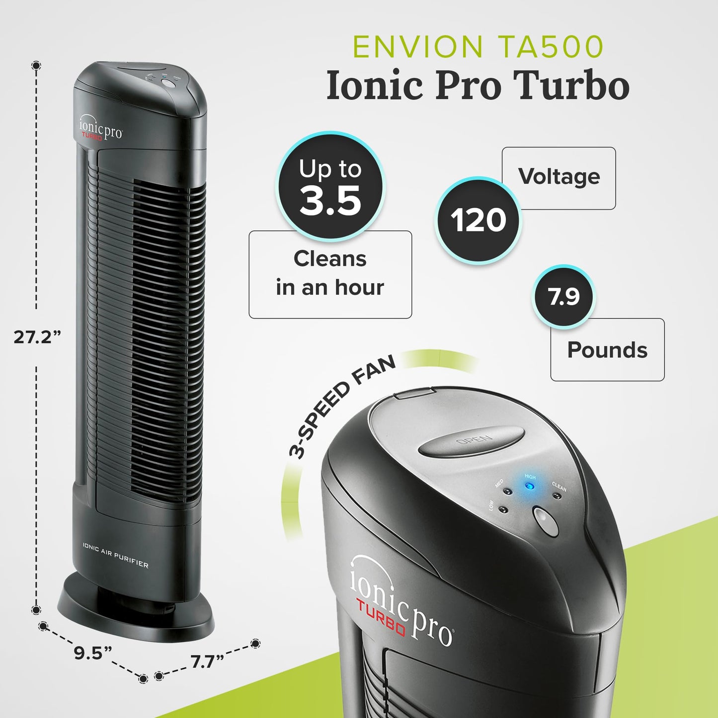 Ionic Pro Turbo (TA550) Ionic Air Purifier Tower for Home, Quiet Ionic Filterless Design, Covers Up to 600 Sq. Ft., Removes Odors, Smoke, Dust, and Allergens – Black