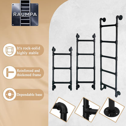 Wall Mounted Ladder 7 ft for Attic Loft Bunk Bed Window Iron Metal Pipe Frame Outdoor Climbing Escape Industrial Heavy-Duty Wrought Wallmounted