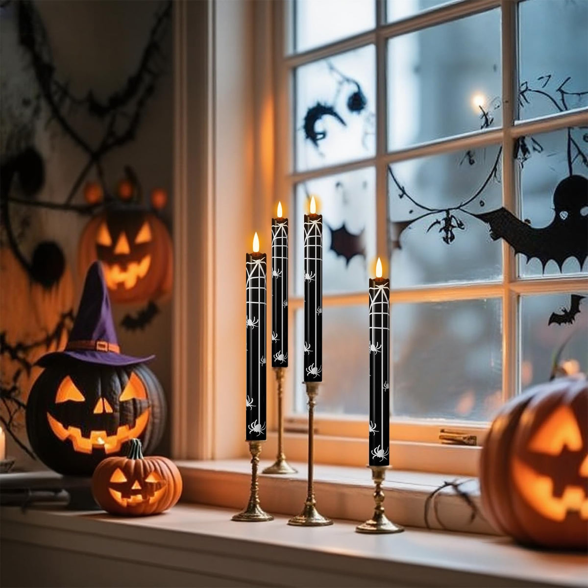 Eldnacele Halloween Flameless Flickering Taper Candles with Remote and Timer, Battery Operated Spider Web Decal Real Wax Black LED Window Candles Set of 4 Table Centerpiece Horror Halloween Decor