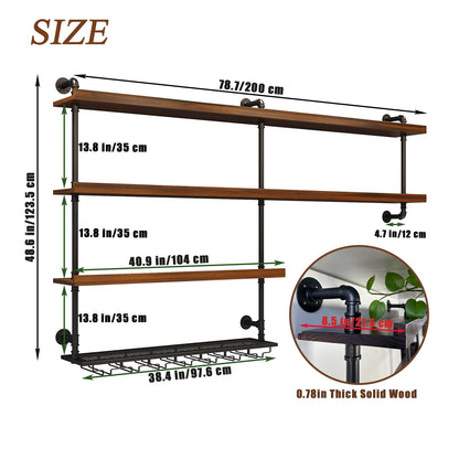 Solid Wood Wall Mounted Wine Rack, Large Wine Rack with LED Light, 4 Tiers Liquor Bottles Floating Shelves with Glass Holder, Industrial Bar Shelves for Home Bar Dining Room(78.7 in/ 200CM)