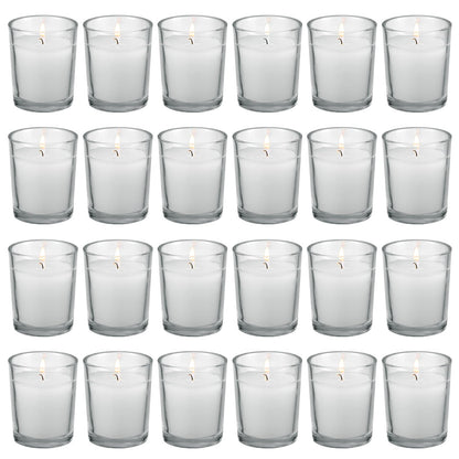 flamecan 24 Pack Clear Glass Filled White Votive Candles. Unscented Votive Candles for Home Décor Spa Weddings Birthdays Holidays Party